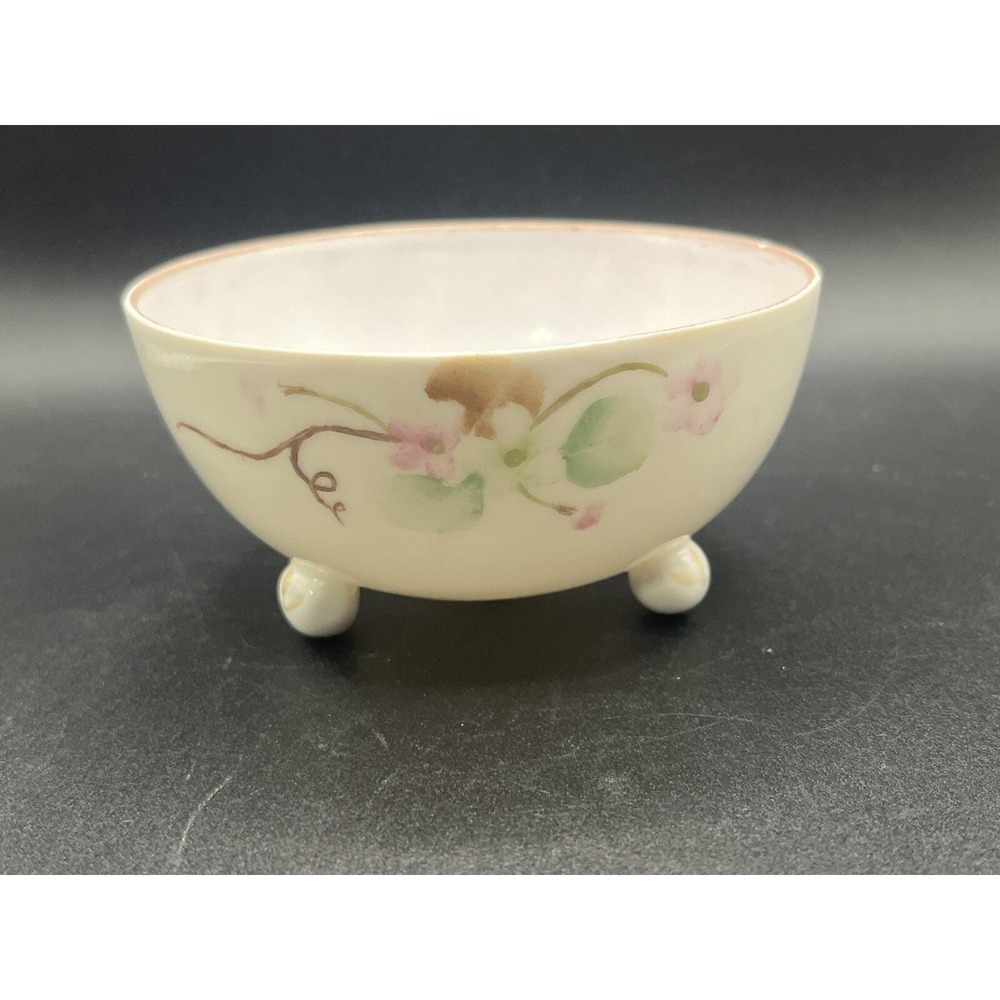 Vtg Nippon Hand Painted Tri-Footed Candy Trinket Bowl Dish Floral Flower 4" x 2"